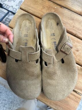 Birkenstock Suede Clogs in Light Taupe